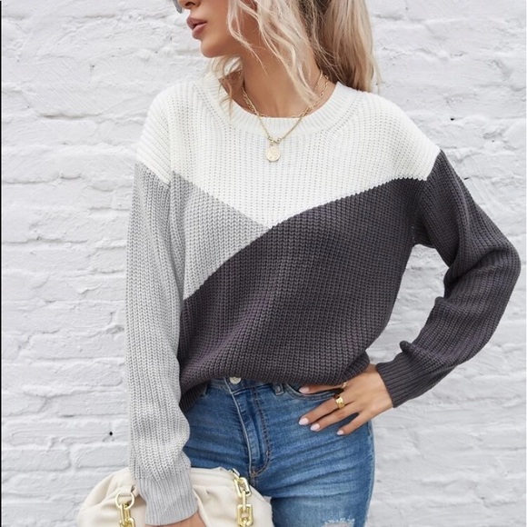 Gray white color block knit sweater top - Picture 14 of 14